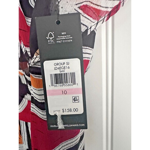 KARL LAGERFELD PARIS Women's Printed High-Low Flutter-Sleeve Dress Blck Multi 10 - Picture 9 of 12